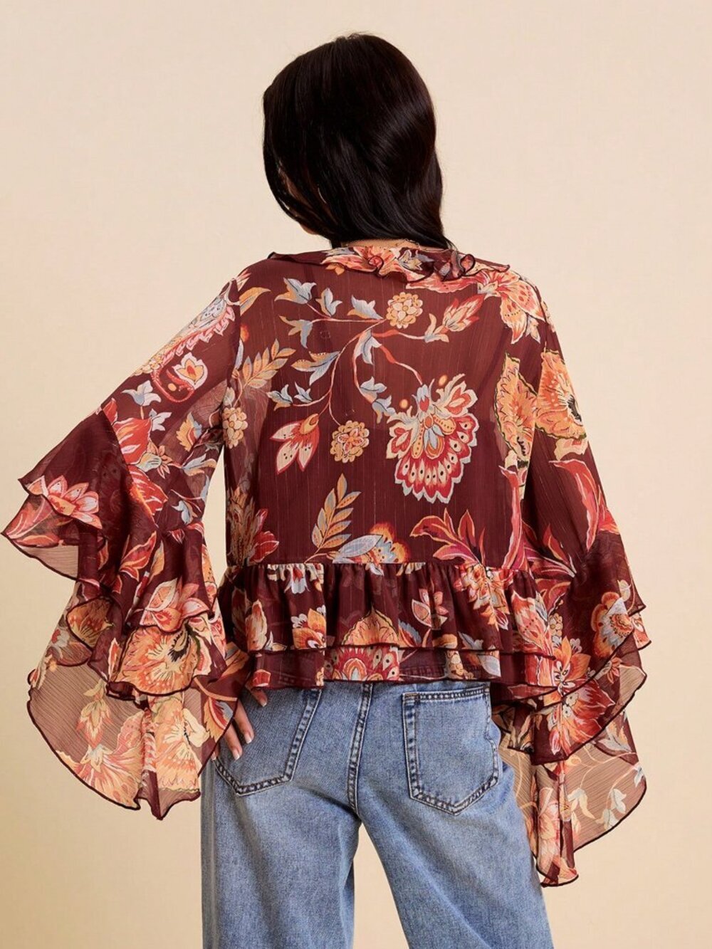 Multicolor Boho Women's All-Over Print V-Neck Ruffle Hem Blouse - Picture 2 of 5
